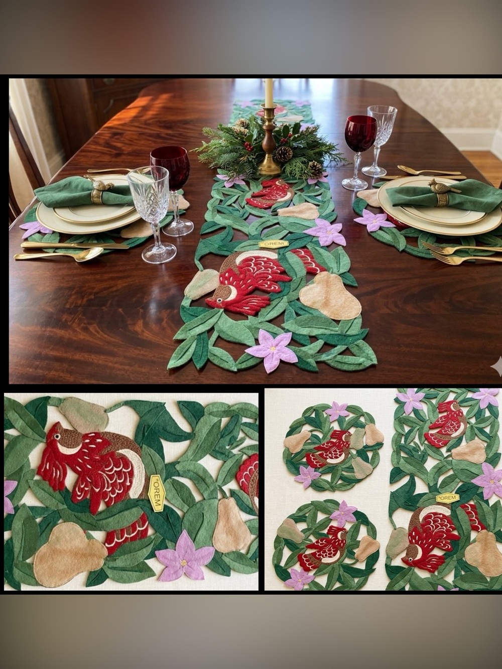 Vtg 1999 Orem Partridge in a Pear Tree Christmas Table Runner 2 Placemats Set